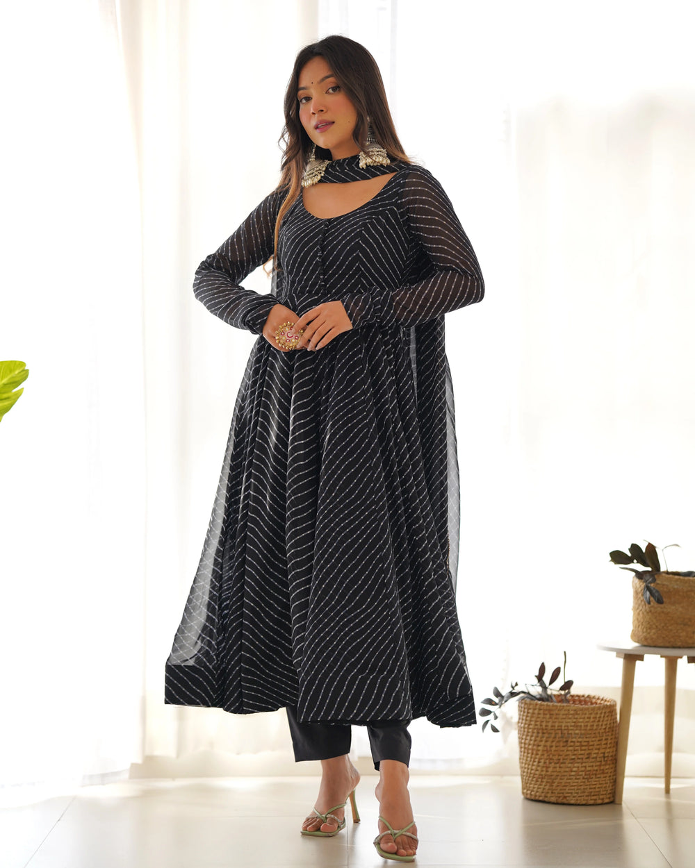 Black Striped Anarkali Suit with Dupatta