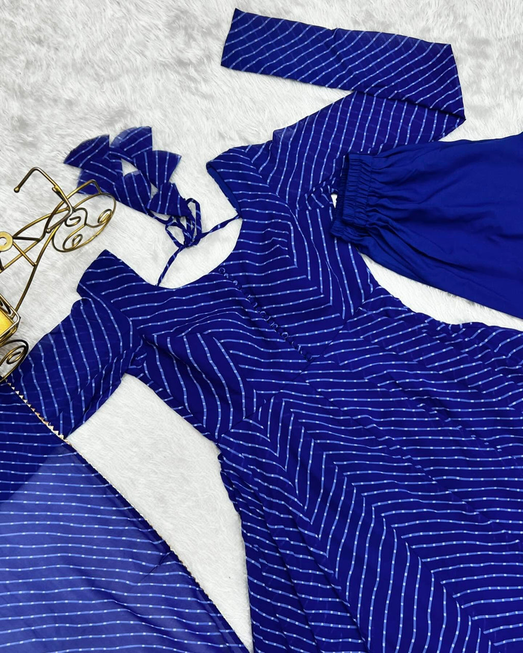 Blue striped Anarkali neckline and front detailing