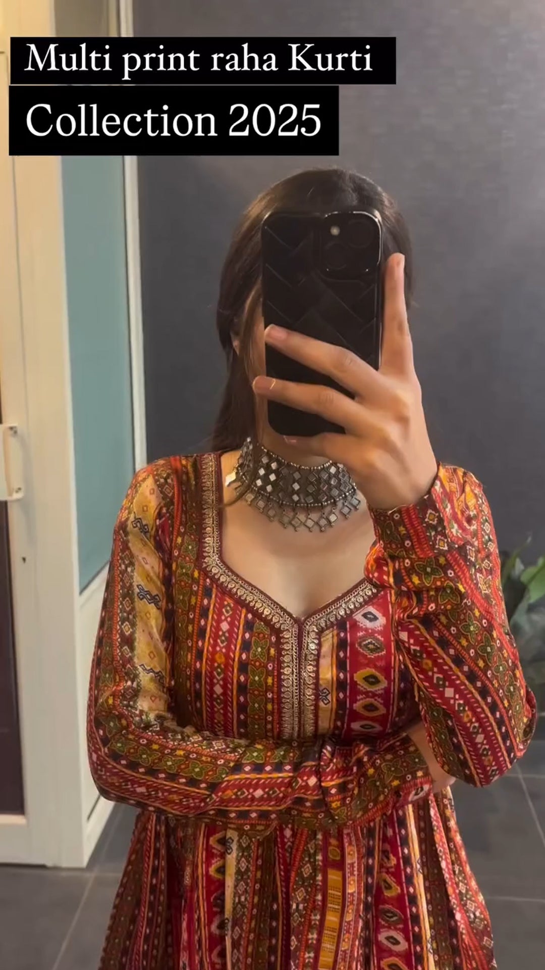 Woman wearing multi print flared short kurti with leggings