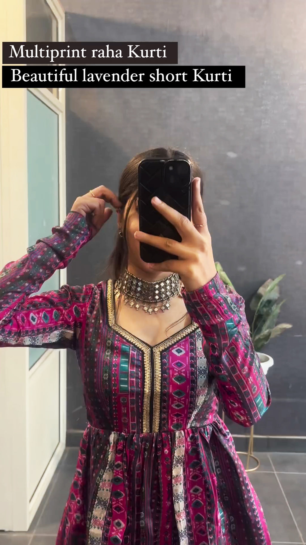Lavender multi print short kurti for women