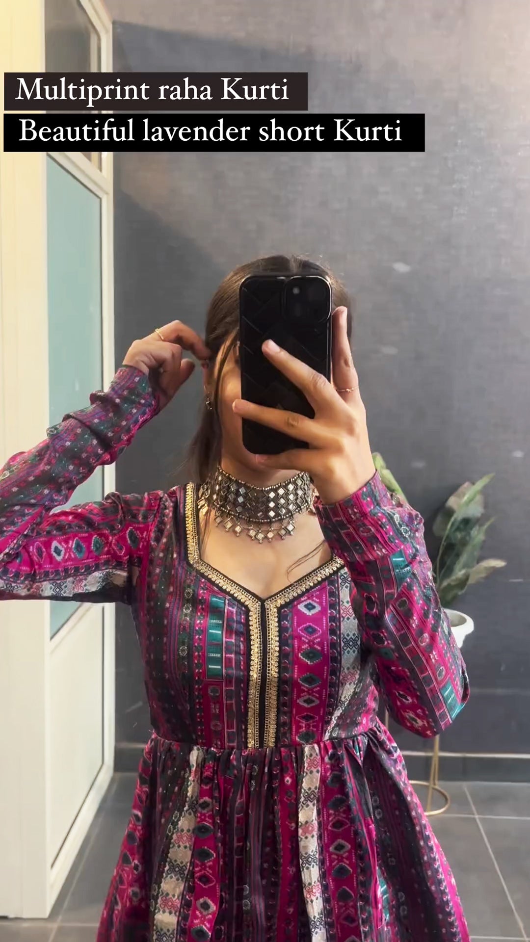 Lavender multi print short kurti for women
