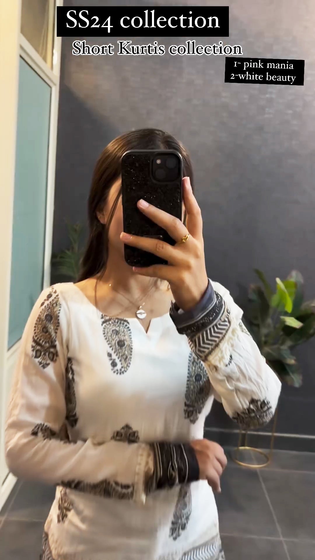White and black printed short kurti - back view