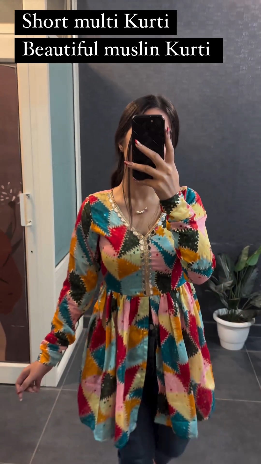 Muslin multi print flared Anarkali kurti top for women