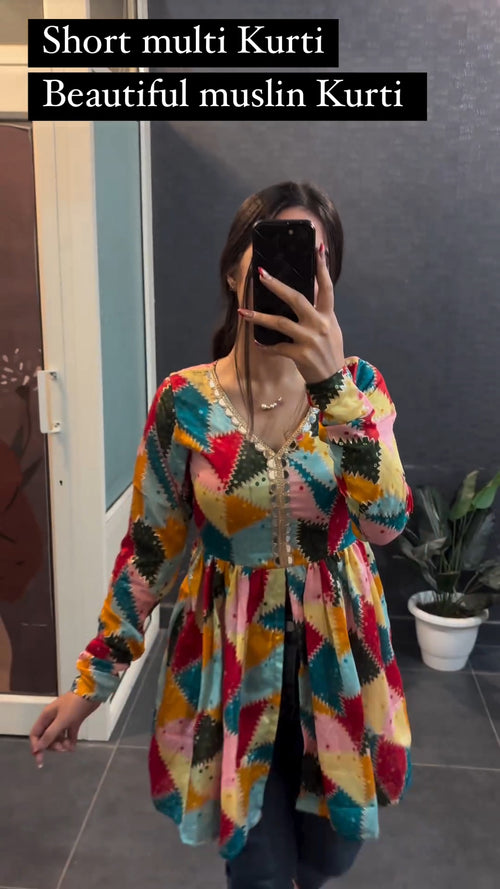 Muslin multi print flared Anarkali kurti top for women
