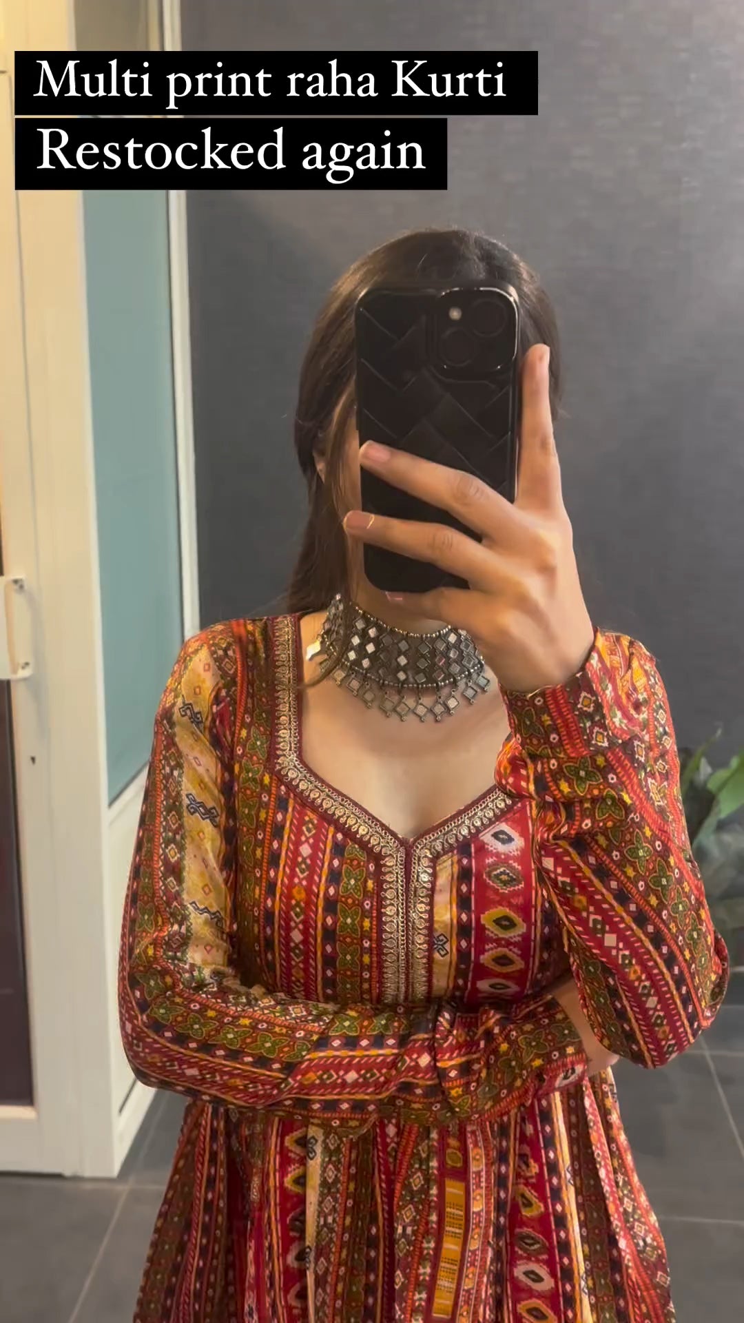 Multi print short kurti for women - back view