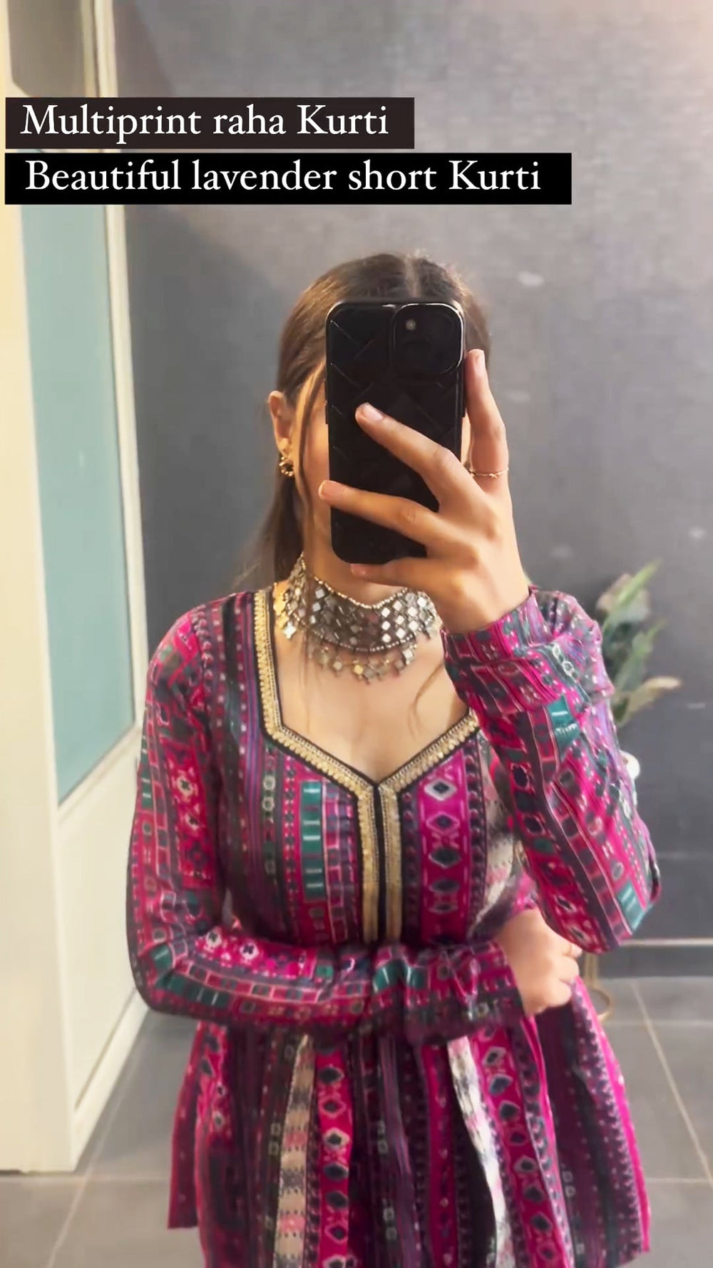 Lavender multi print short kurti - front view