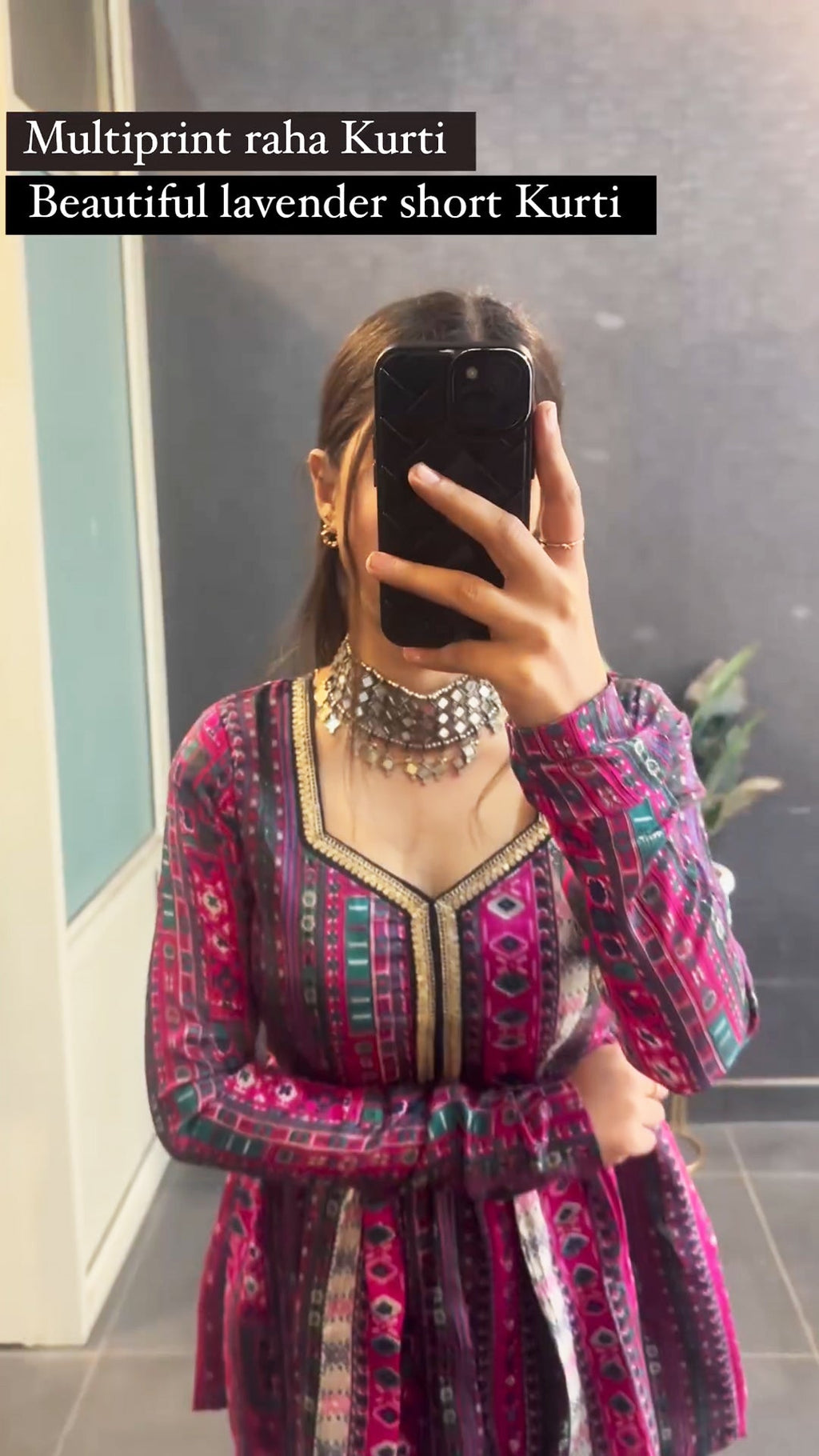 Lavender multi print short kurti - front view