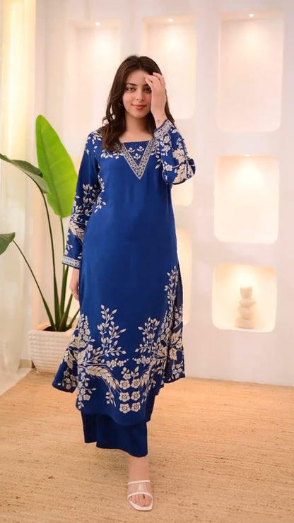 Royal Blue Straight Kurta Set with White Floral Printed