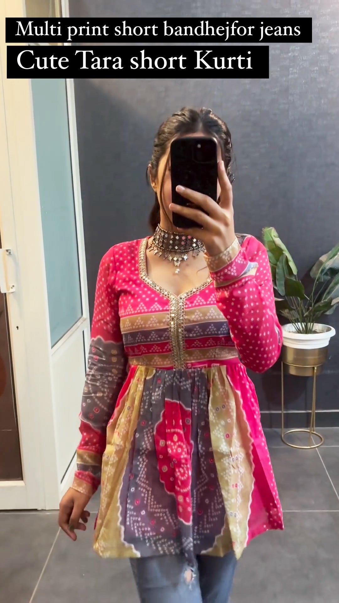 Multi print bandhej short kurti Tara style top for women