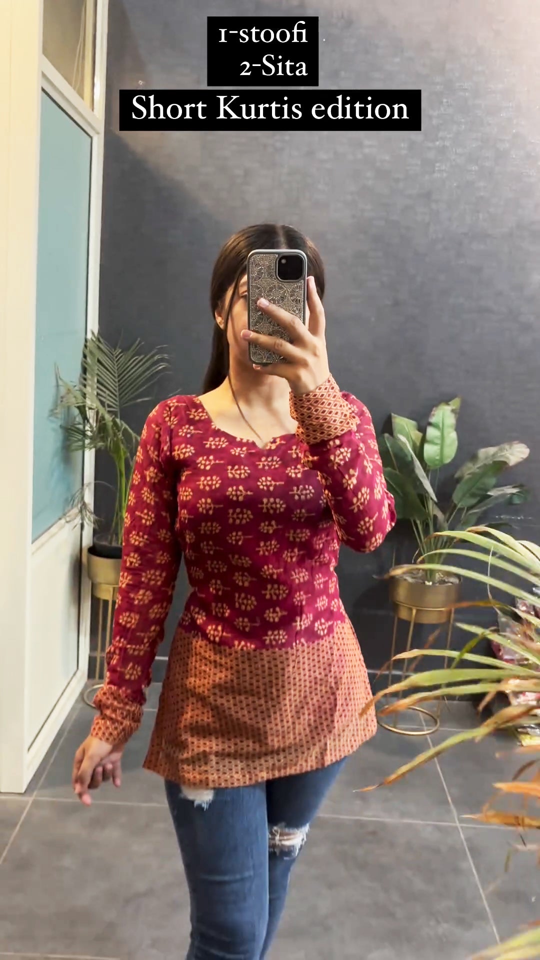 Maroon and rust printed short kurti - front view