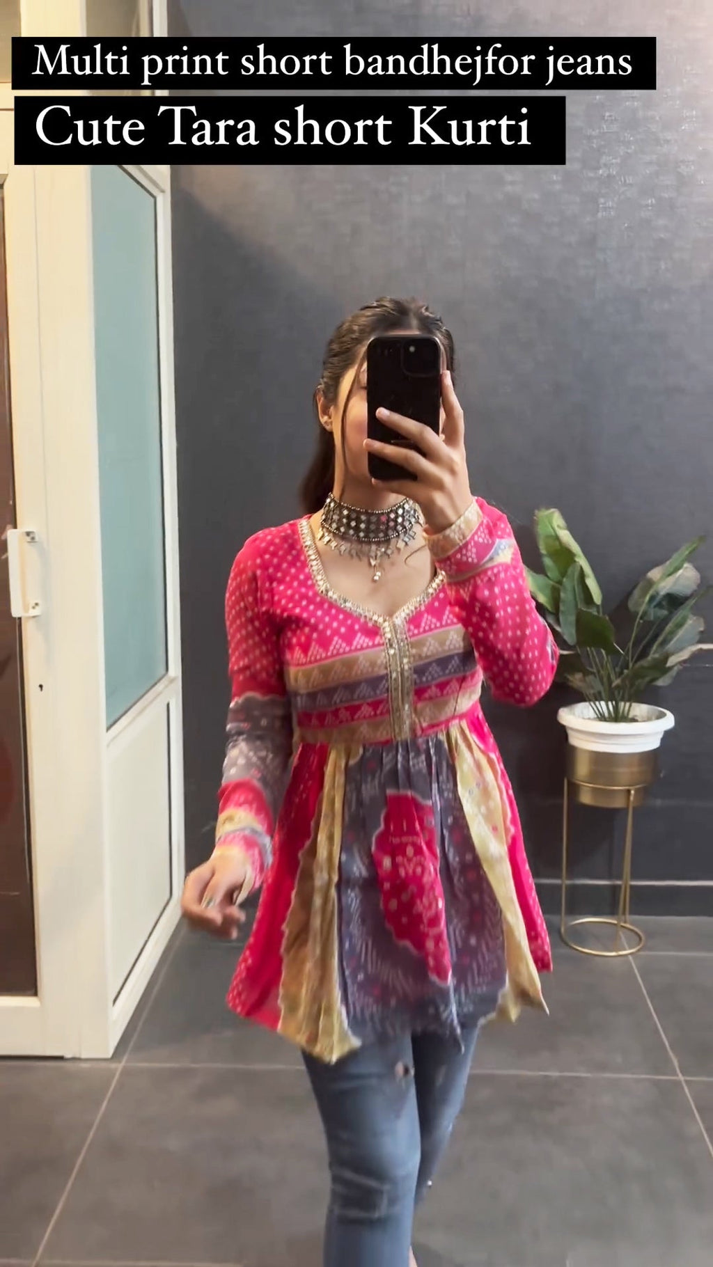 Multi print bandhej Tara style short kurti - front view