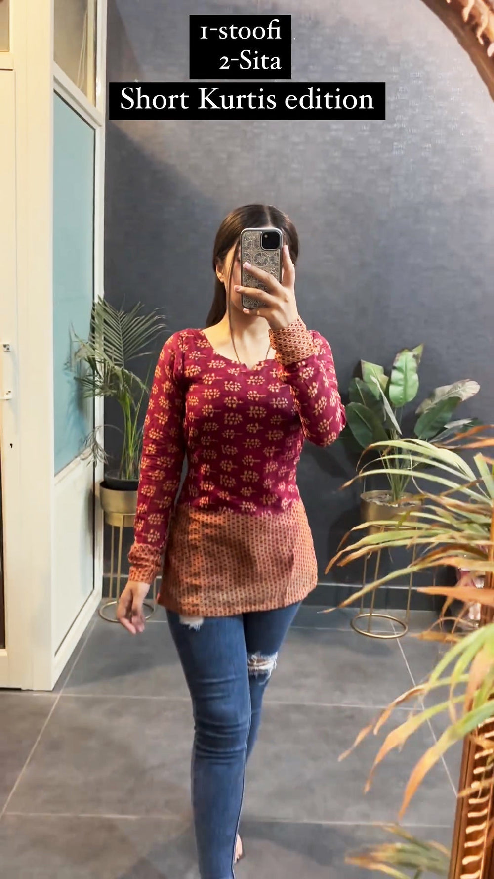 Maroon and rust printed short kurti - side view