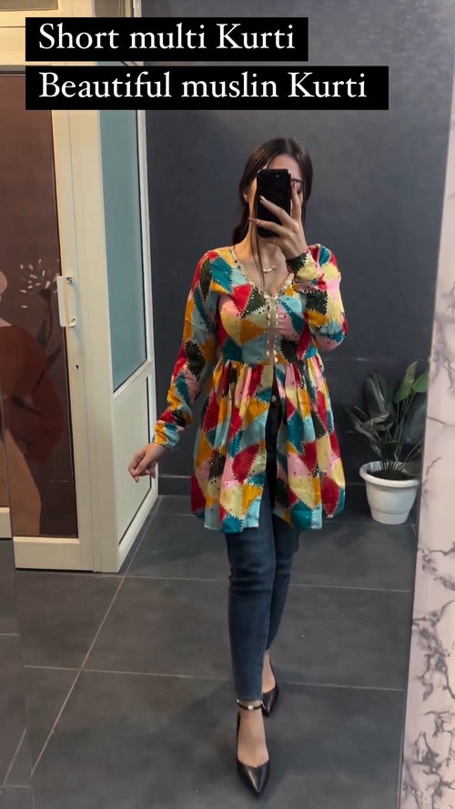 Multi print flared kurti for women - back view