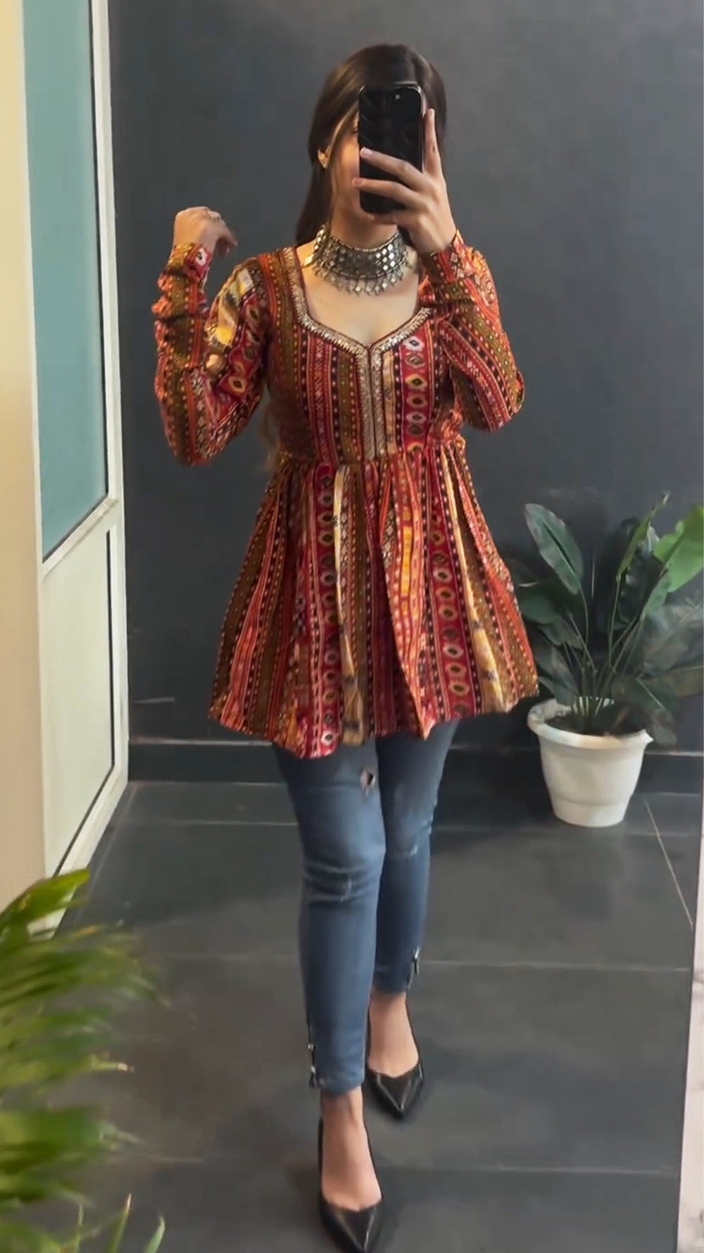 Multi print short kurti for women - side view