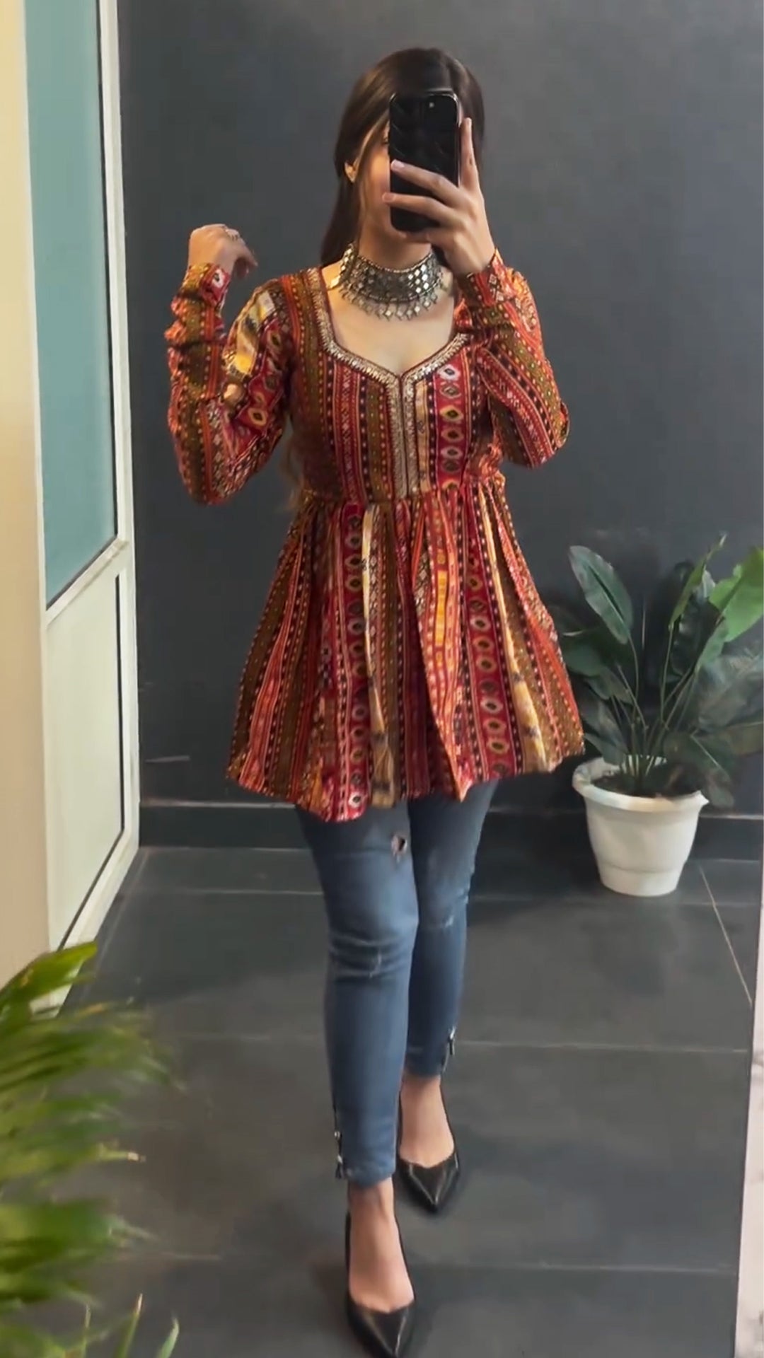 Multi print short kurti for women - side view
