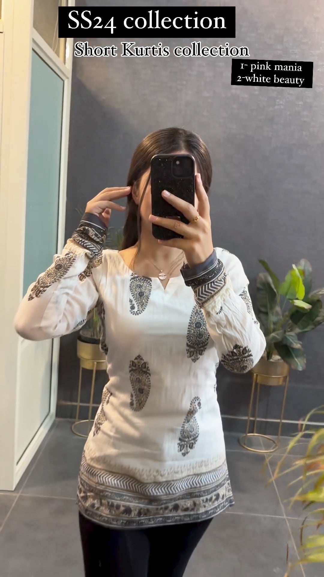 White and black printed short kurti - side view