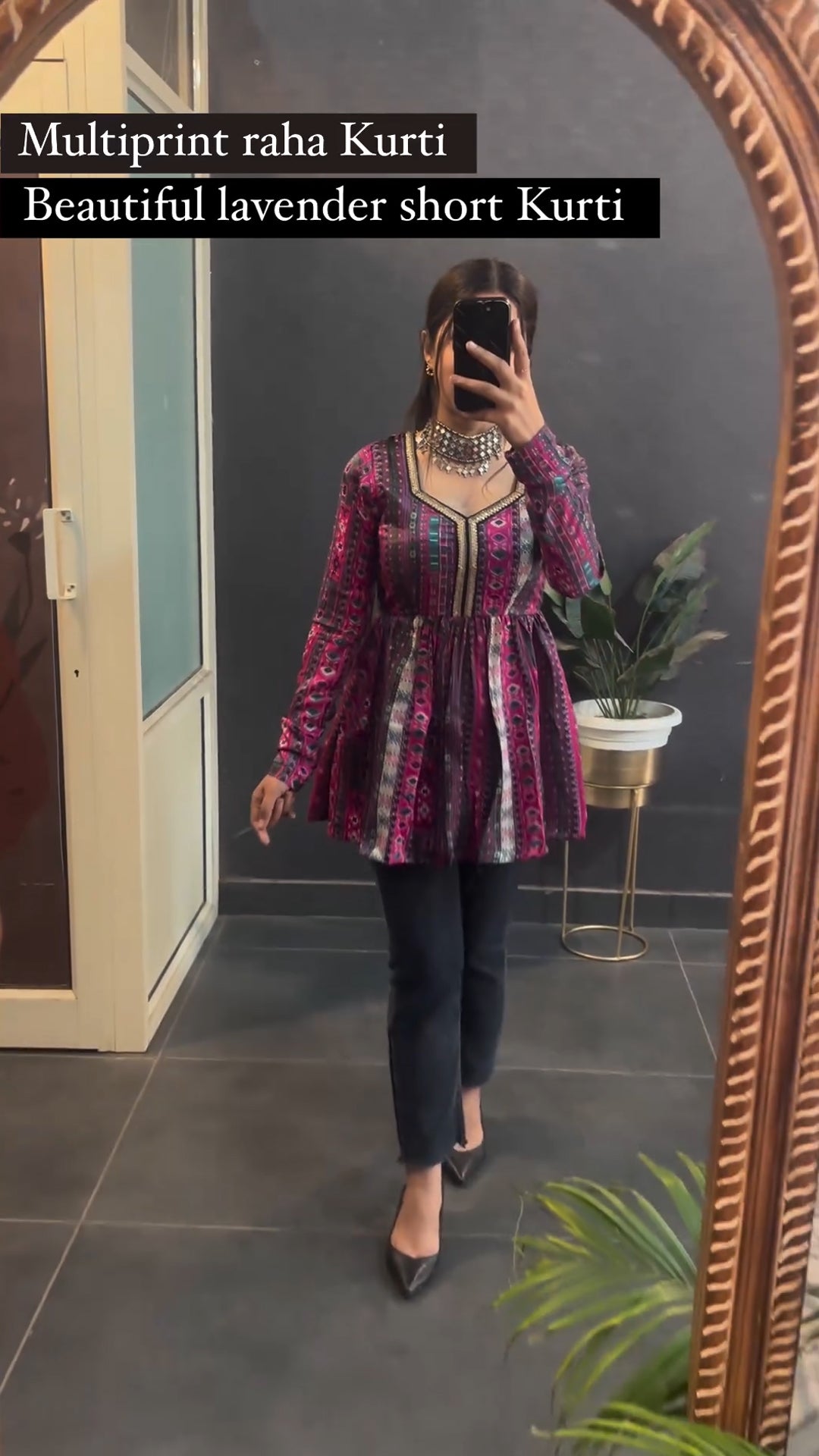 Lavender multi print short kurti - back view