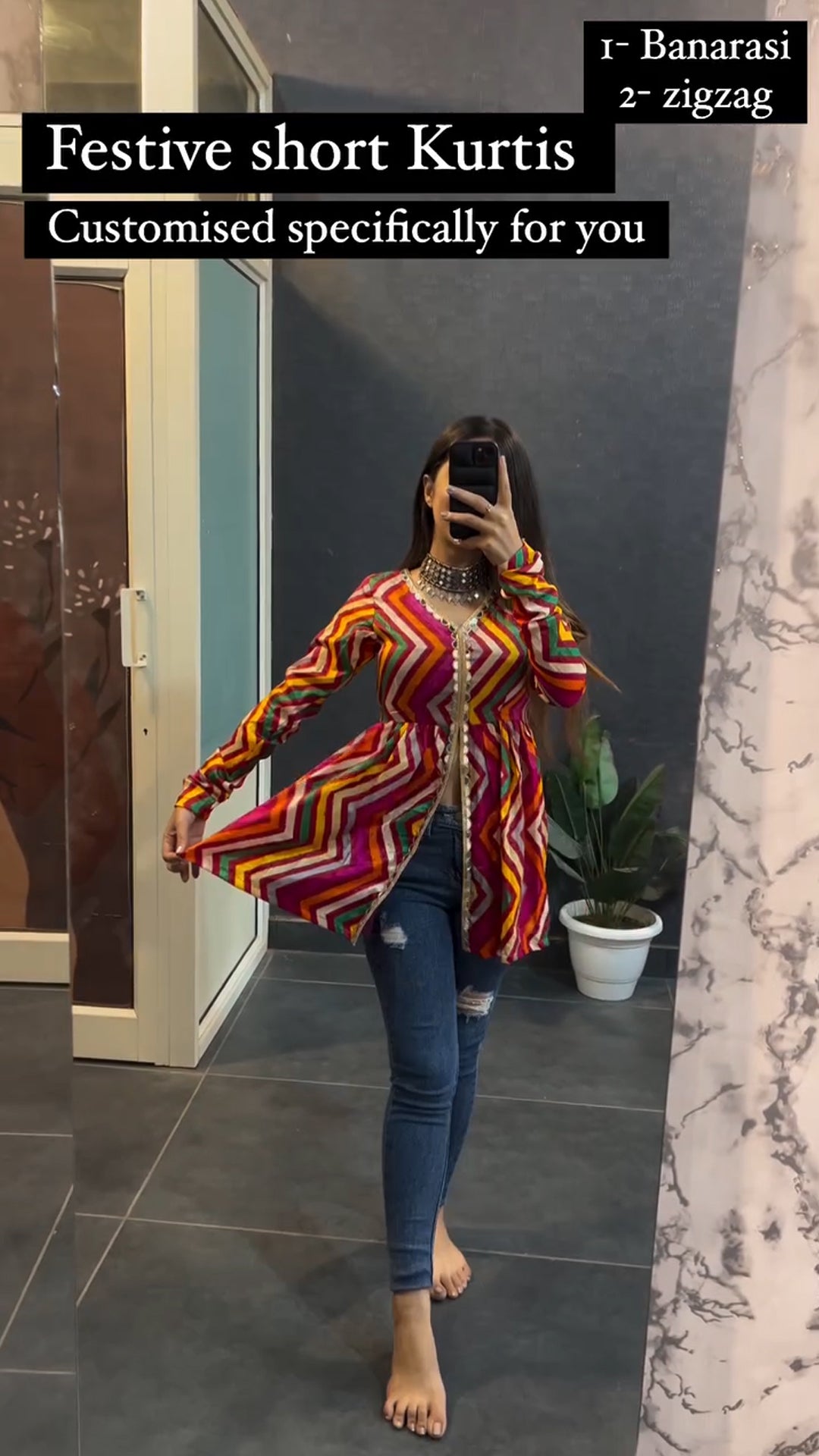 Woman wearing multicolor zigzag Banarasi style short kurti