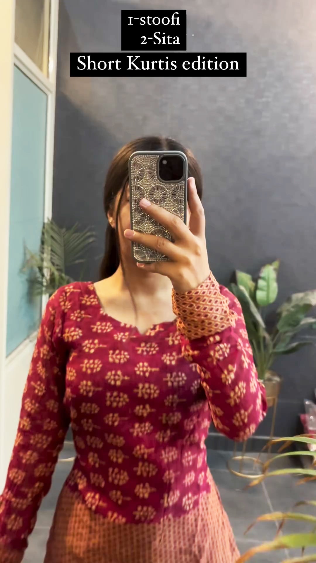 Maroon and rust printed short kurti - back view