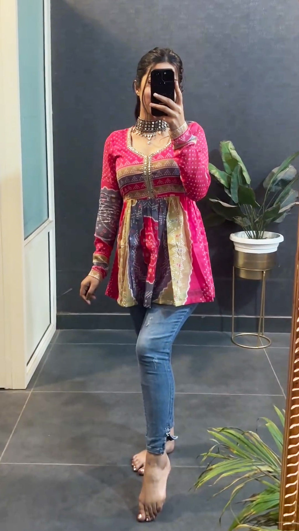 Multi print bandhej Tara style short kurti - side view