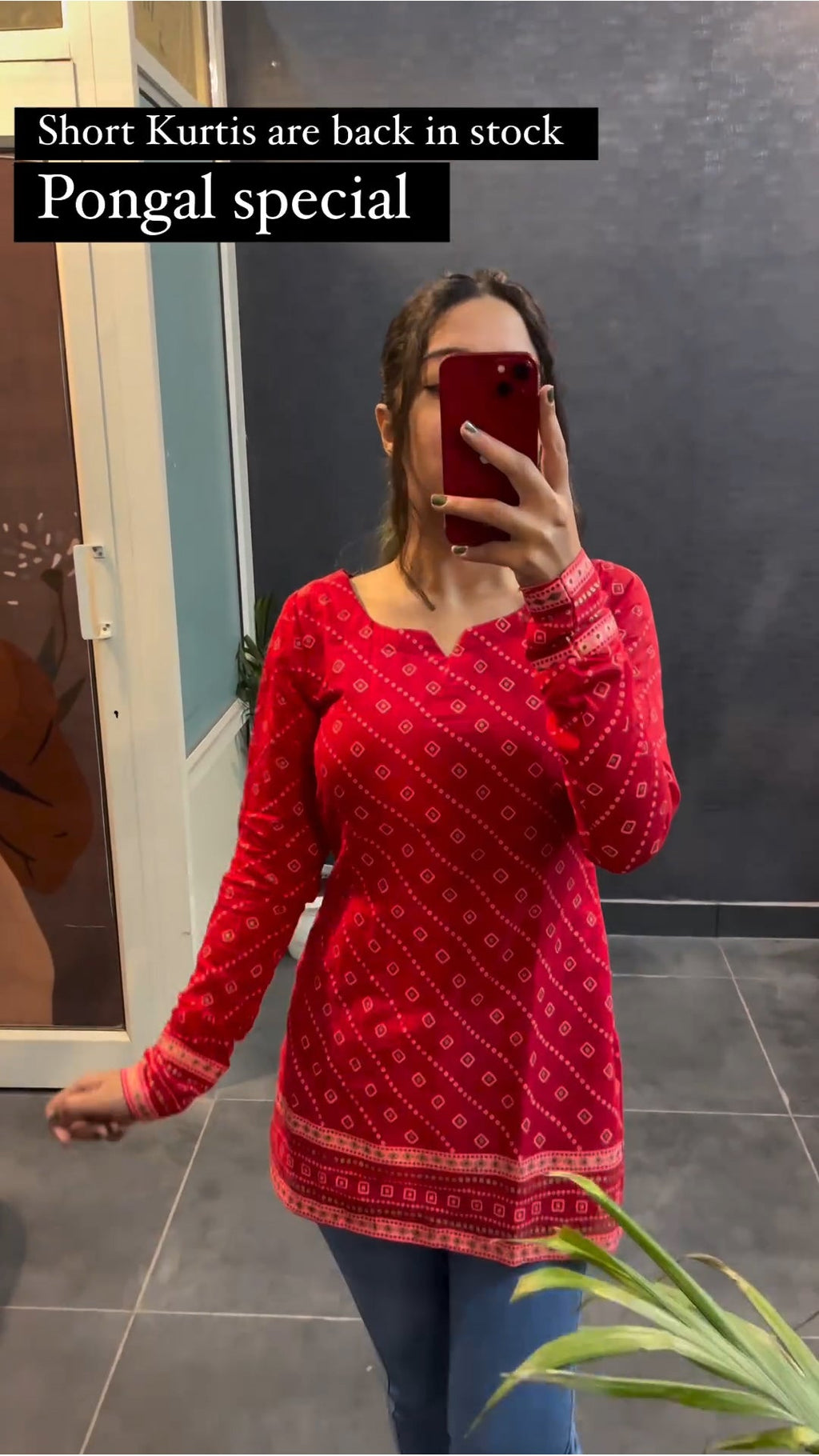Red bandhni print short kurti - front view