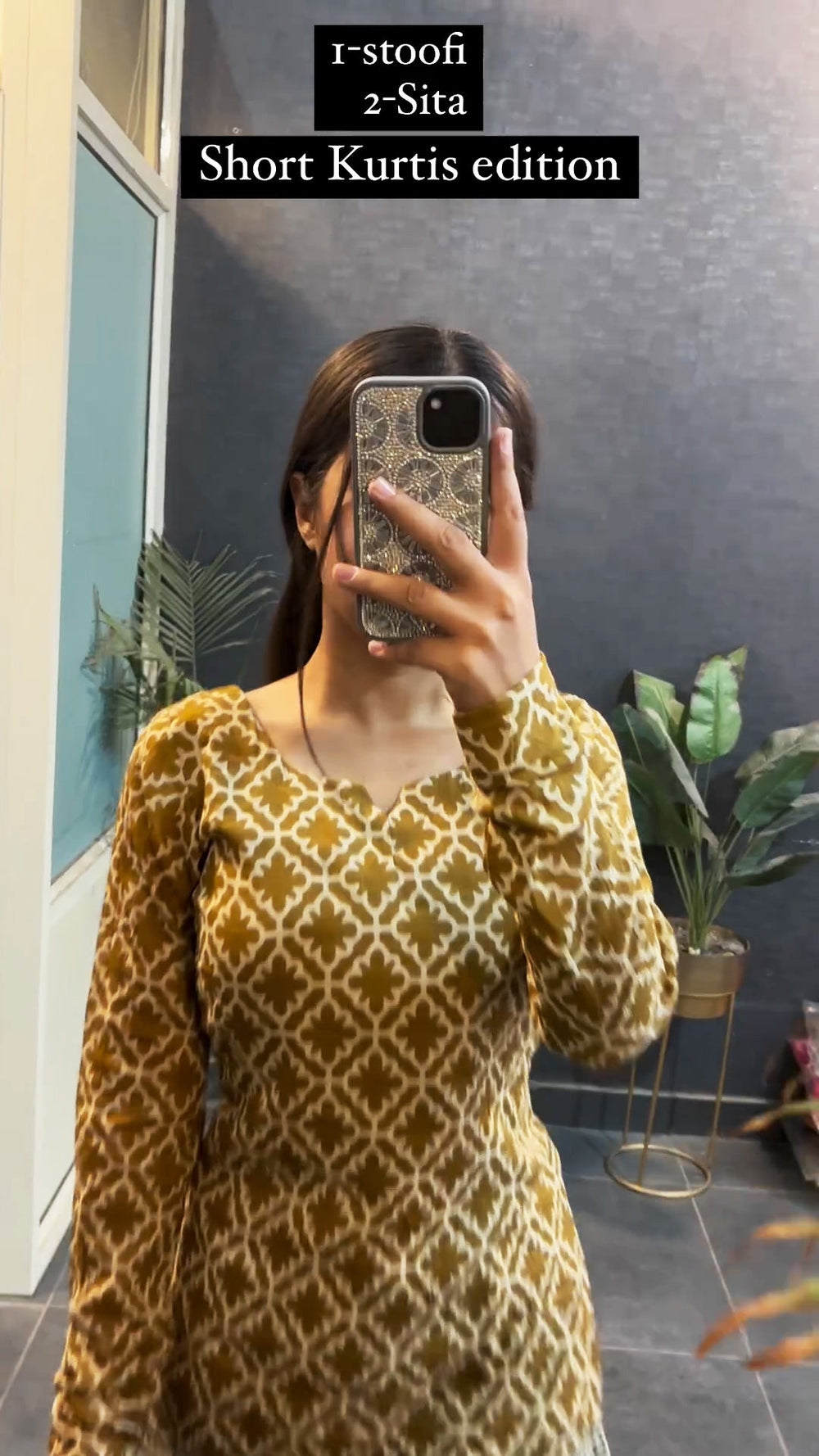 Mustard printed short kurti - front view