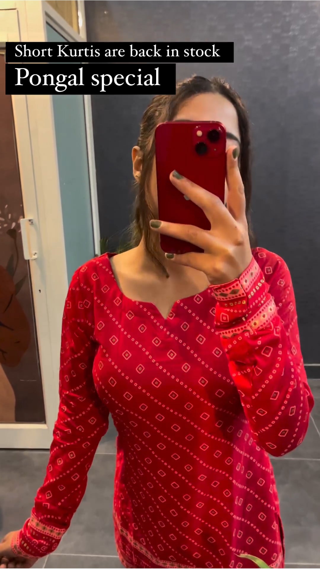 Red bandhni print short kurti - side view