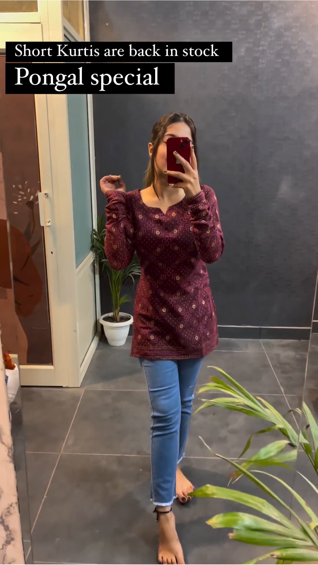 Maroon bandhni print short kurti - front view