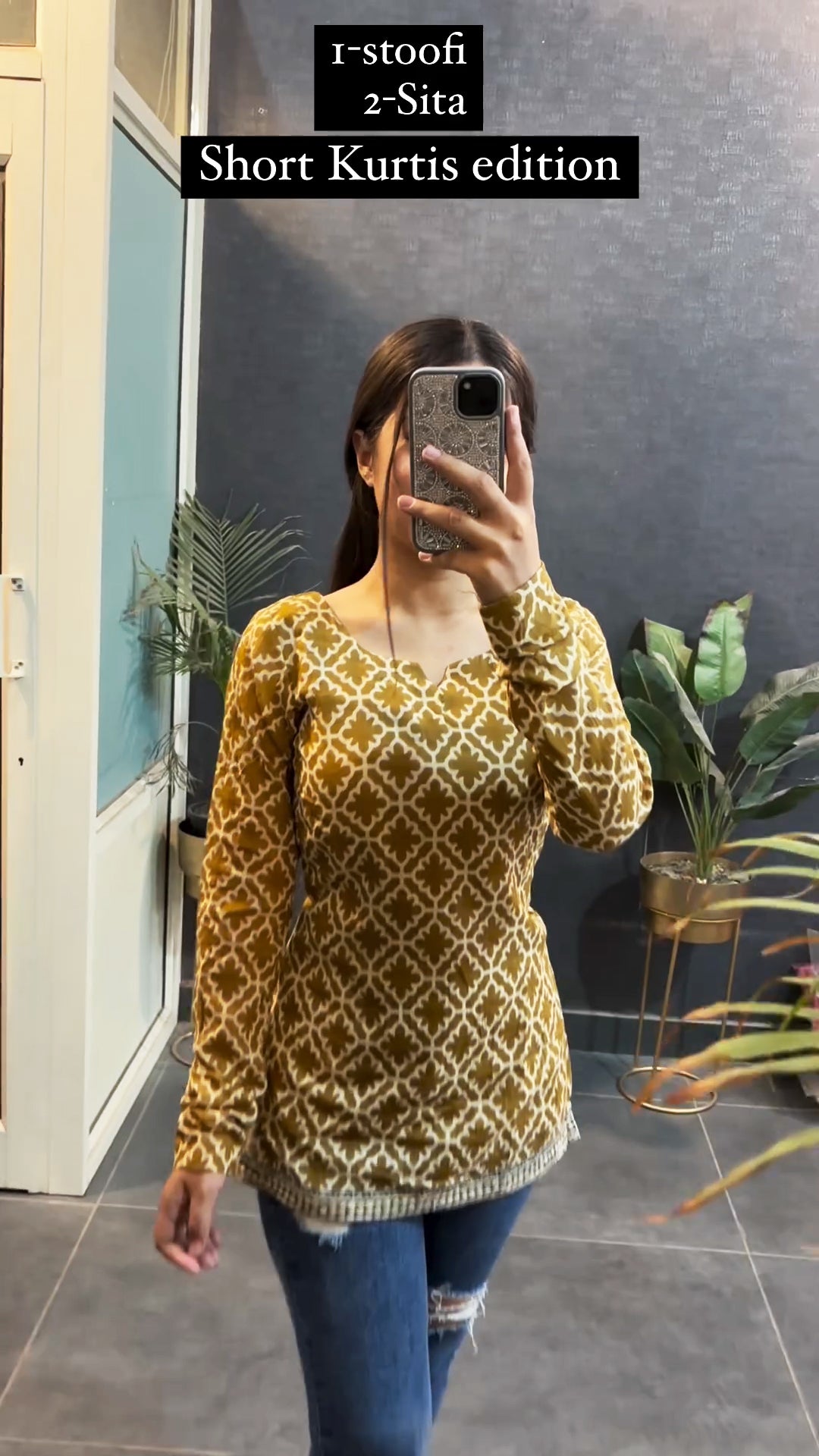 Mustard printed short kurti - side view