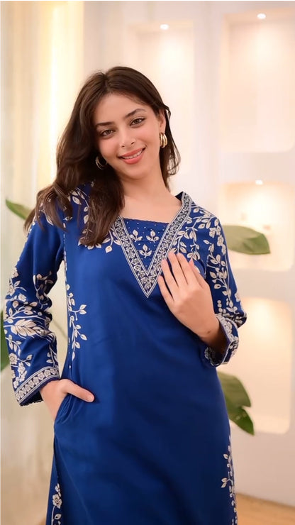 Royal Blue Straight Kurta Set with White Floral Printed