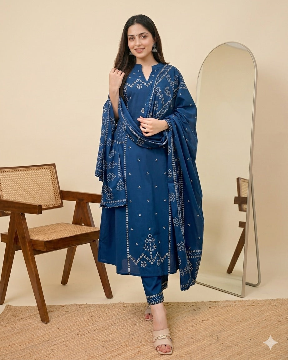 Azure Noor Bandhej Mirror A Line Cotton Kurta Set With Dupatta