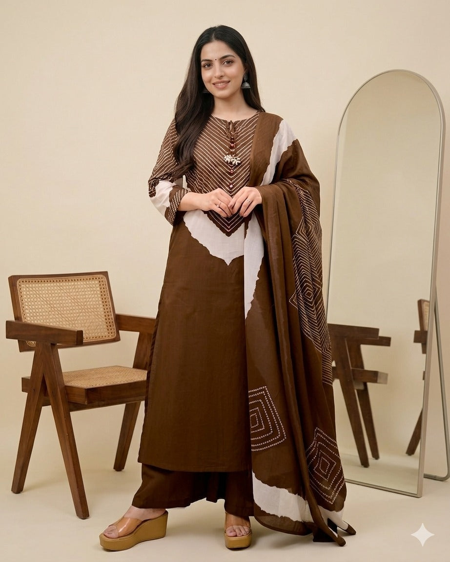 Mocha brown cotton Bandhani kurta and palazzo set for women