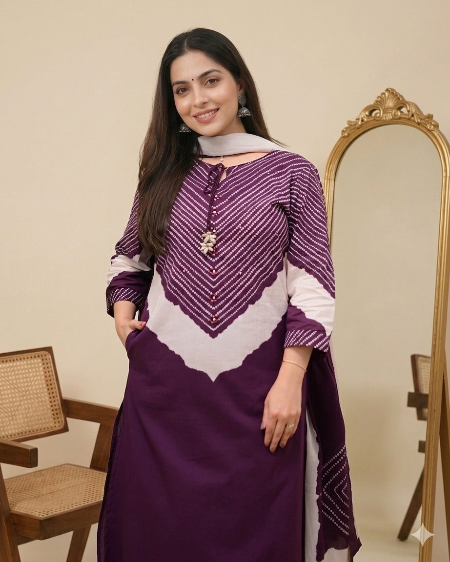 Jamuni purple Bandhej cotton kurta palazzo suit detail