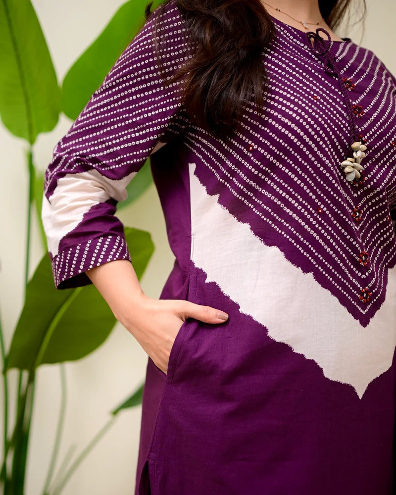 Jamuni purple cotton Bandhani kurta and palazzo set for women