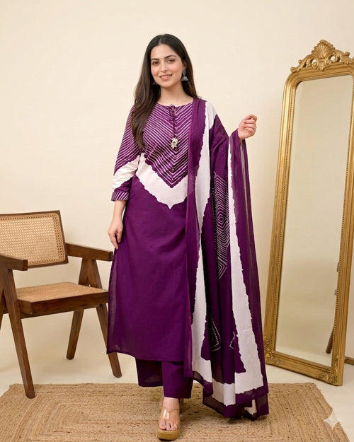 Jamuni Bandhej cotton kurta suit with dupatta from Sanayaa ethnic wear