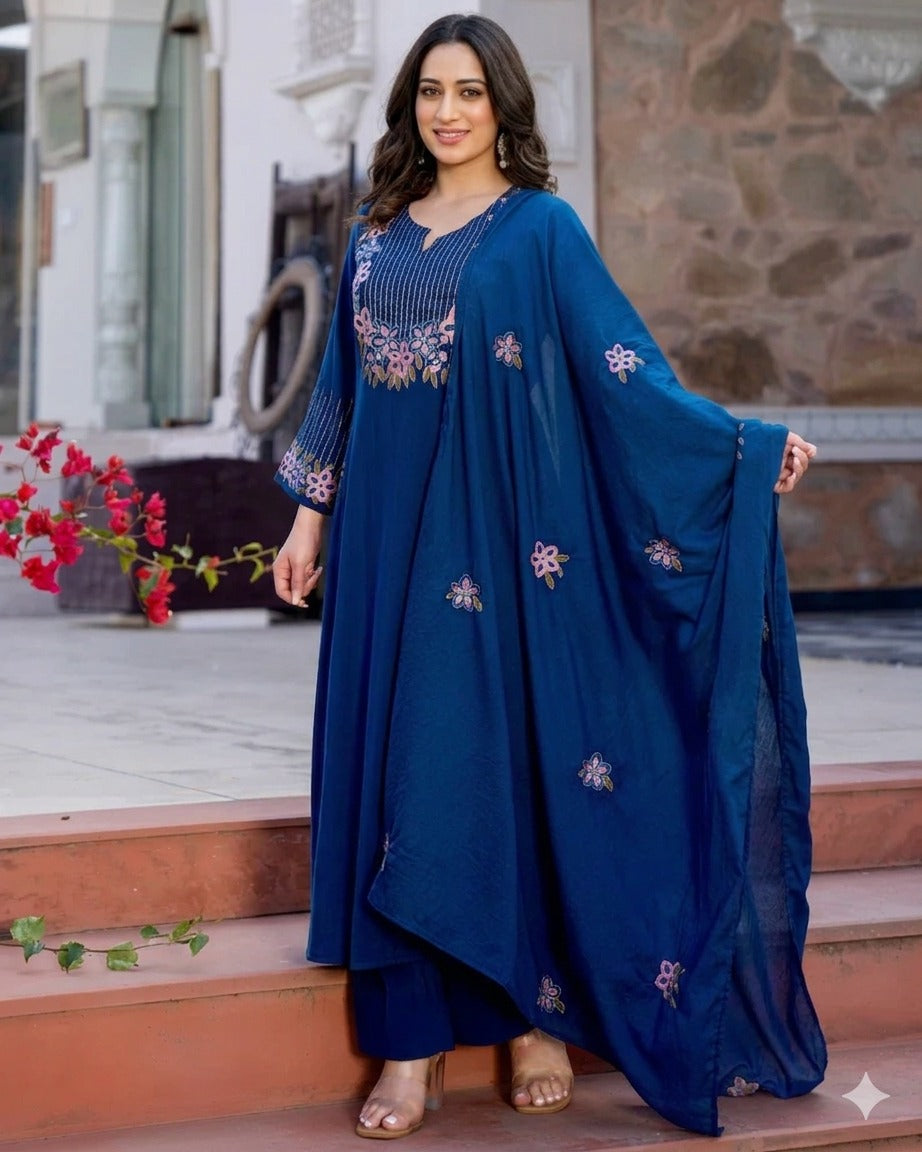 Berry Blossom Blue Cotton Threadwork Festive Suit for Women with Dupatta