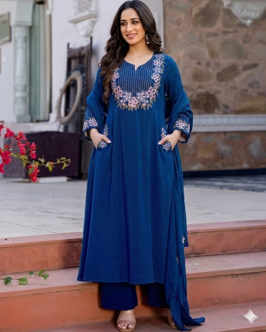 Berry Blossom Blue Cotton Threadwork Festive Suit for Women with Dupatta