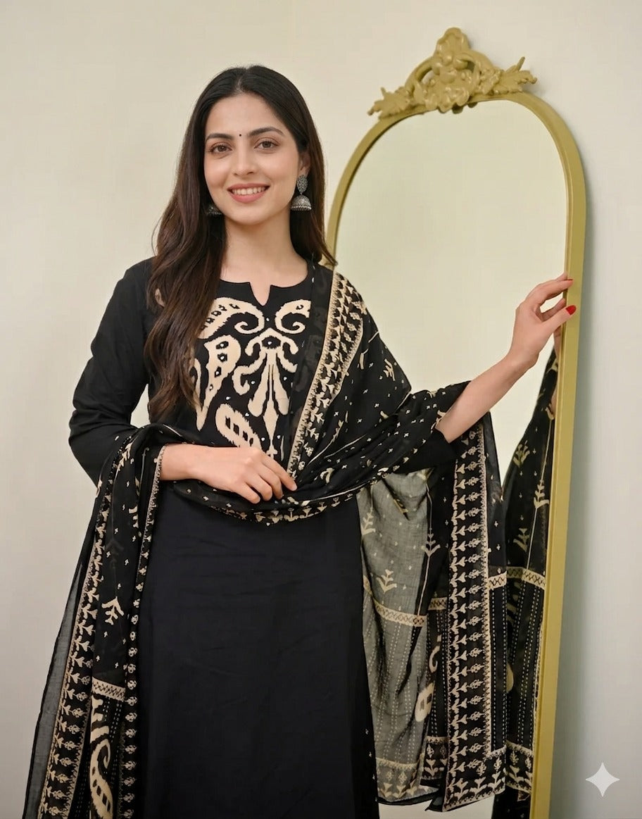 Black Kalamkari Pearl Cotton Suit for Women