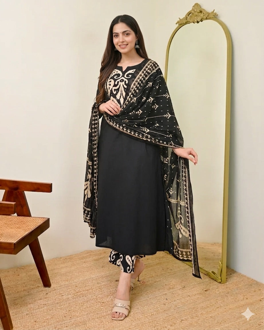 Black Kalamkari Pearl Cotton Suit for Women