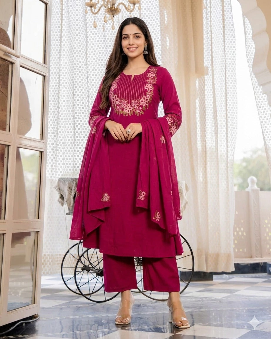 Berry Blossom Linen Cotton Threadwork Festive Suit for Women with Dupatta