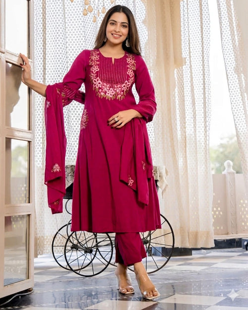 Berry Blossom Linen Cotton Threadwork Festive Suit for Women with Dupatta