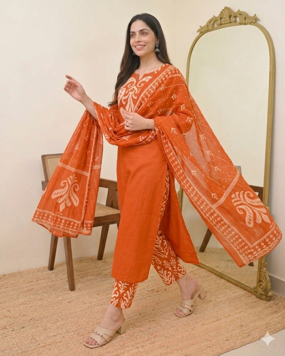 Orange Kalamkari Pearl Cotton Suit for Women