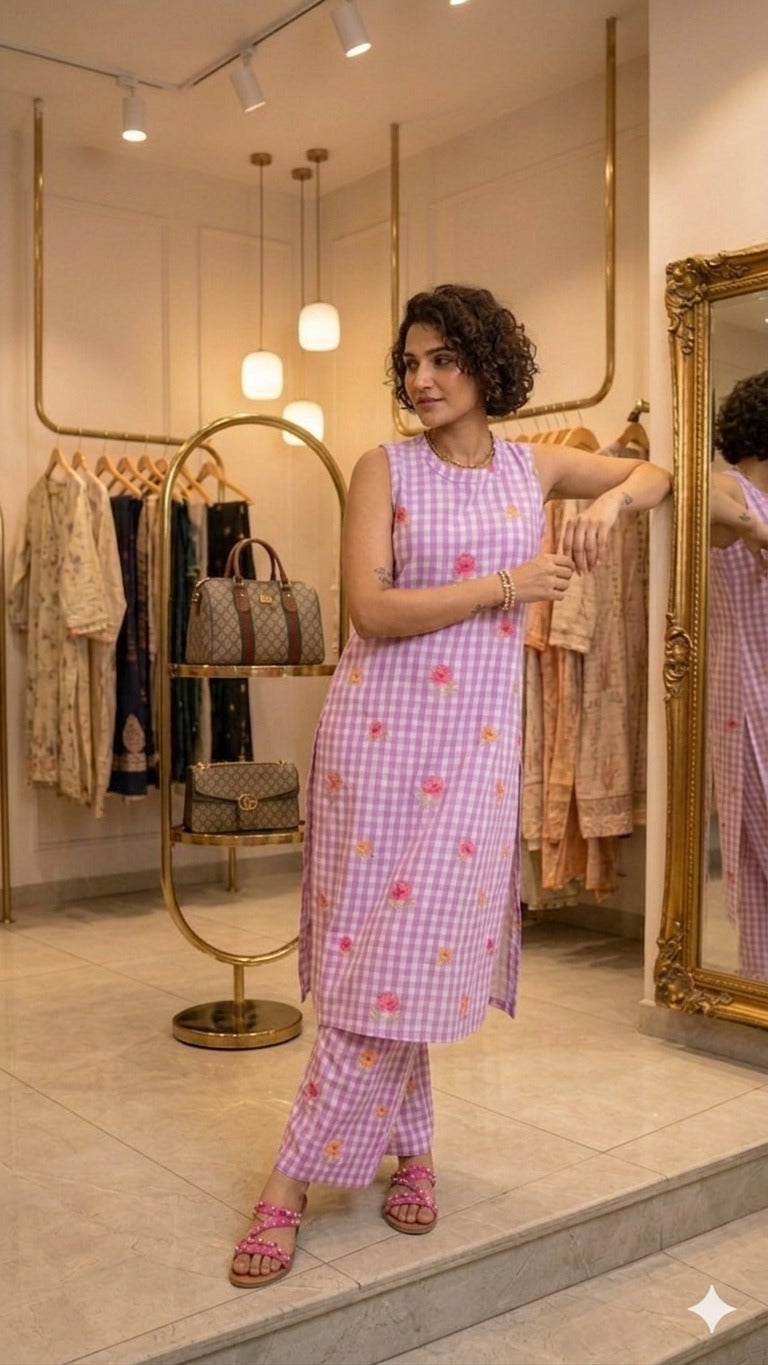 Pink Check Kurti Set with Floral Printed : Women's Cotton Kurta & Pants for Casual Wear
