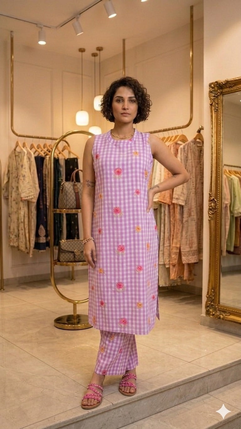 Pink Check Kurti Set with Floral Printed : Women's Cotton Kurta & Pants for Casual Wear