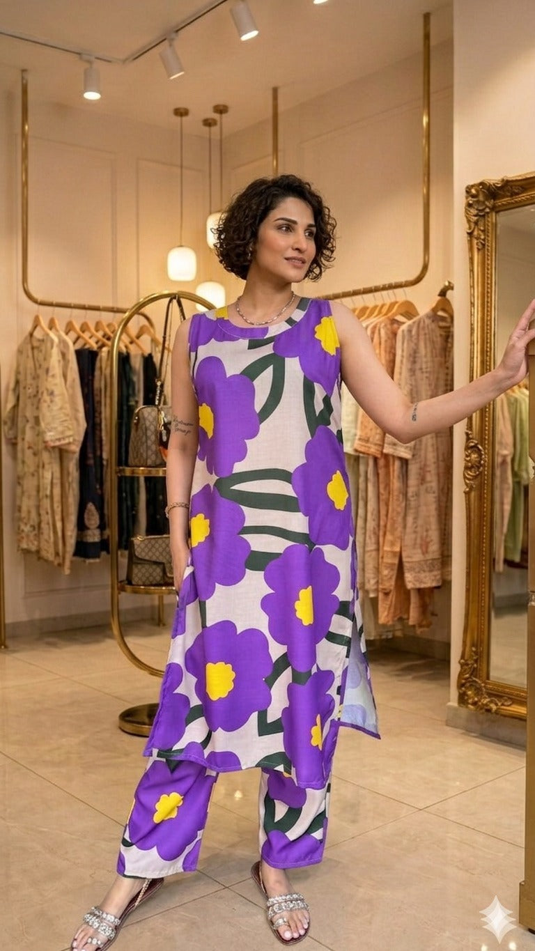 Purple Floral Print Co-ord Set: Women's  Kurta with Pants for Casual Wear