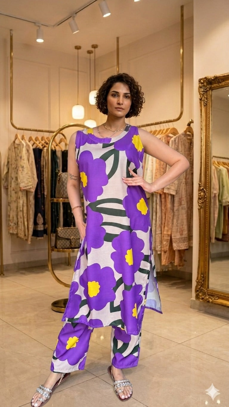 Purple Floral Print Co-ord Set: Women's  Kurta with Pants for Casual Wear
