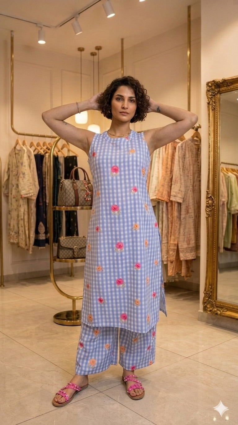 Blue Check Kurti Set with Floral Embroidery: Women's Cotton Kurta & Pants for Casual Wear