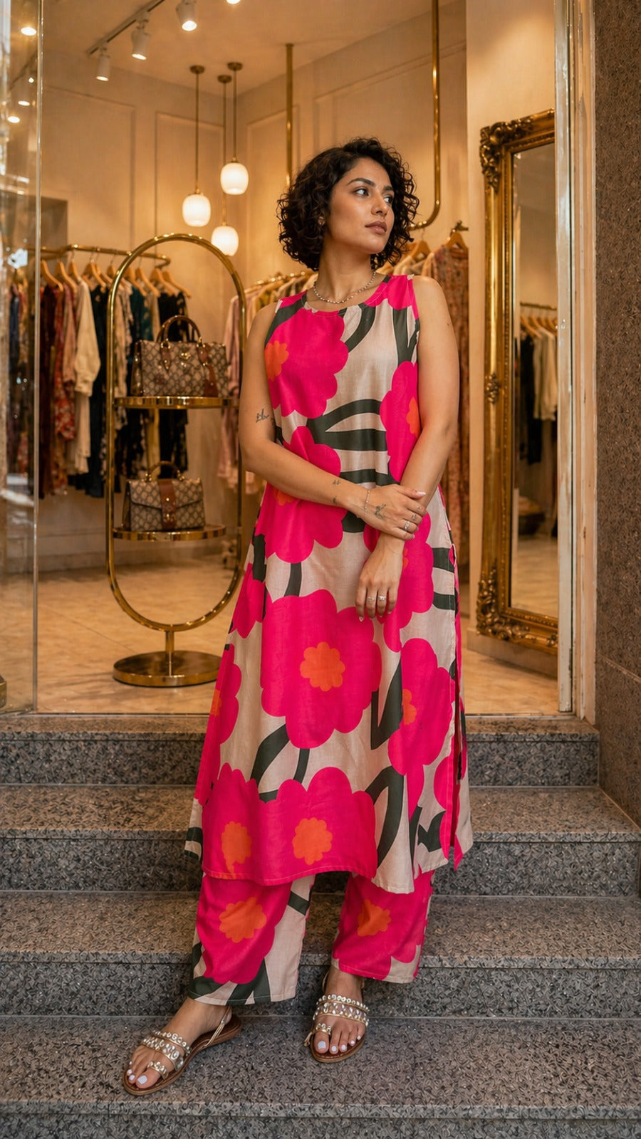 Pink Floral Print Co-ord Set: Women's  Kurta with Pants for Casual Wear