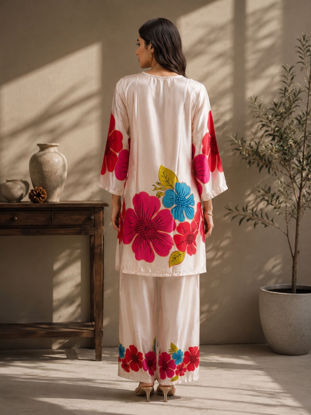 Satin Flower Co-Ord Set for Women | Ivory Floral Print Kurta Palazzo Set
