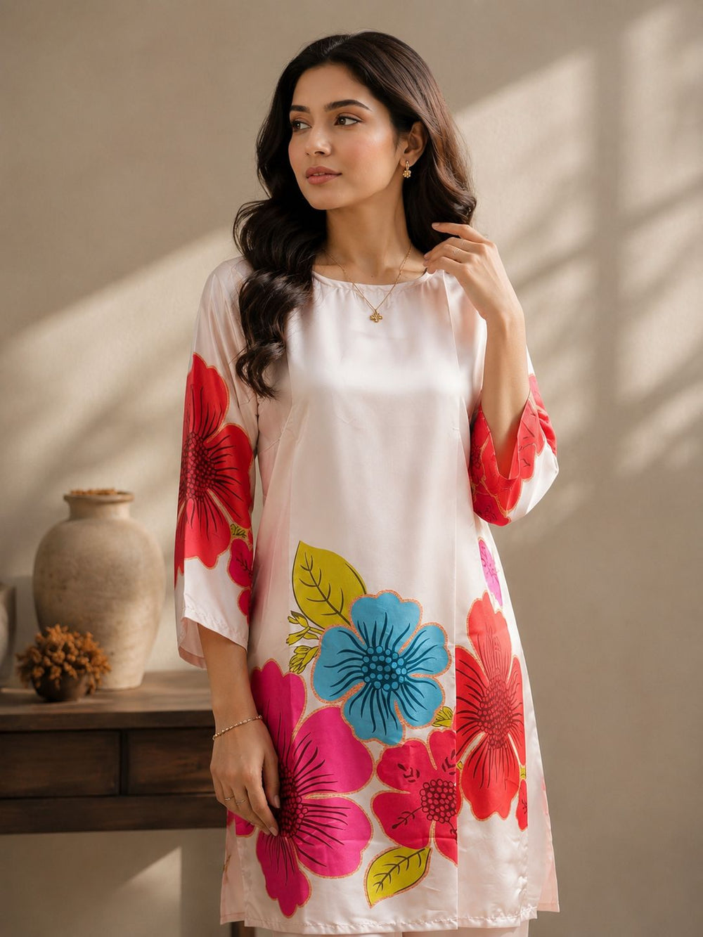 Satin Flower Co-Ord Set for Women | Ivory Floral Print Kurta Palazzo Set